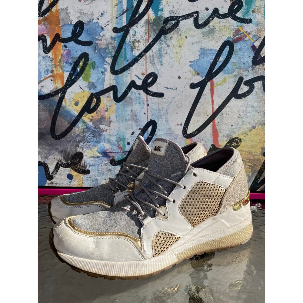 Michael Kors Gold and White Wedge Sneakers, Size 10